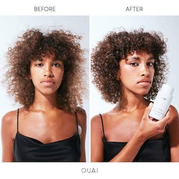 the model with curly hair before and after using hair treatment