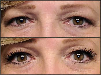 top to bottom: reviewer with little lashes and same reviewer with more defined lashes after using the mascara