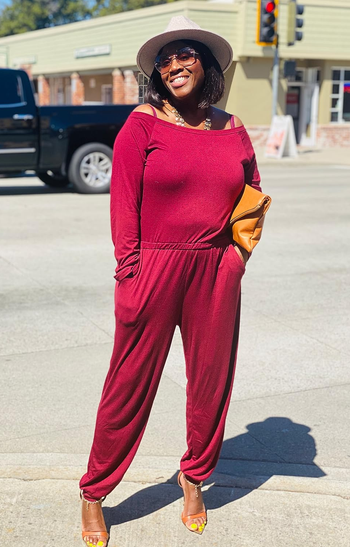 another reviewer in wine red jumpsuit