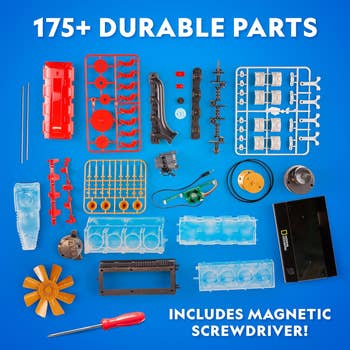 Image showing implicit 175 durable parts laid retired for a DIY kit, including a magnetic screwdriver and assorted mechanical components