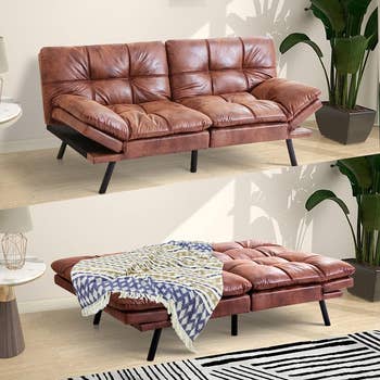 the brown leather futon upright and laid flat