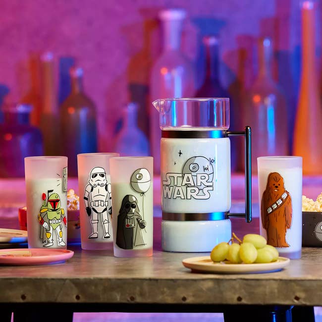 Star Wars-themed glassware collection displayed on a table