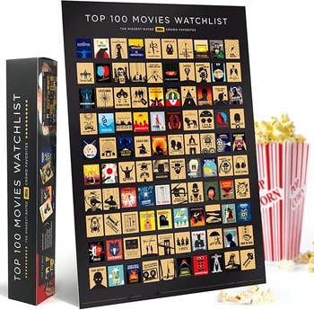 Poster featuring a scratch-off chart of 100 top-rated movies with icons representing each film, next to a box of popcorn