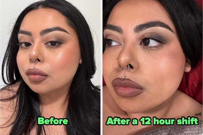 Before-and-after makeup comparison of a person, showing makeup wear after a 12-hour shift