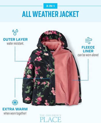 Children's Place 3-in-1 overgarment with floral water-resistant outer furniture and removable fleece liner, promoting warmth