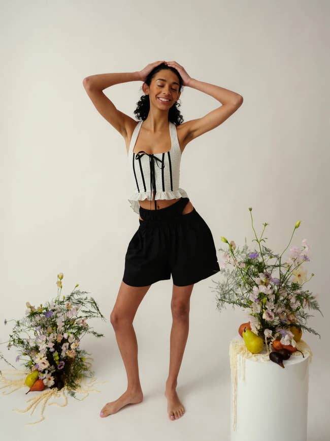 floral bustier with black boning and front tie 