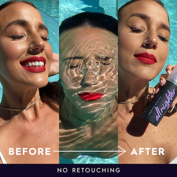 model before and after going underwater using setting spray with makeup still in place