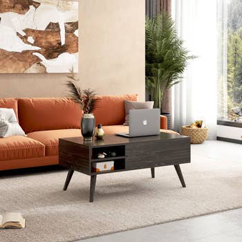 lifestyle photo of dark wood coffee table in living room