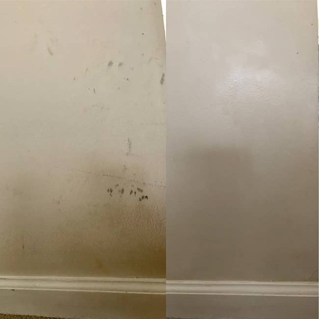 wall with lots of marks, then the same wall without the marks
