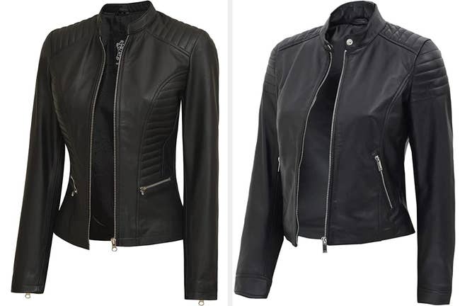 Two images of the black leather jacket styles