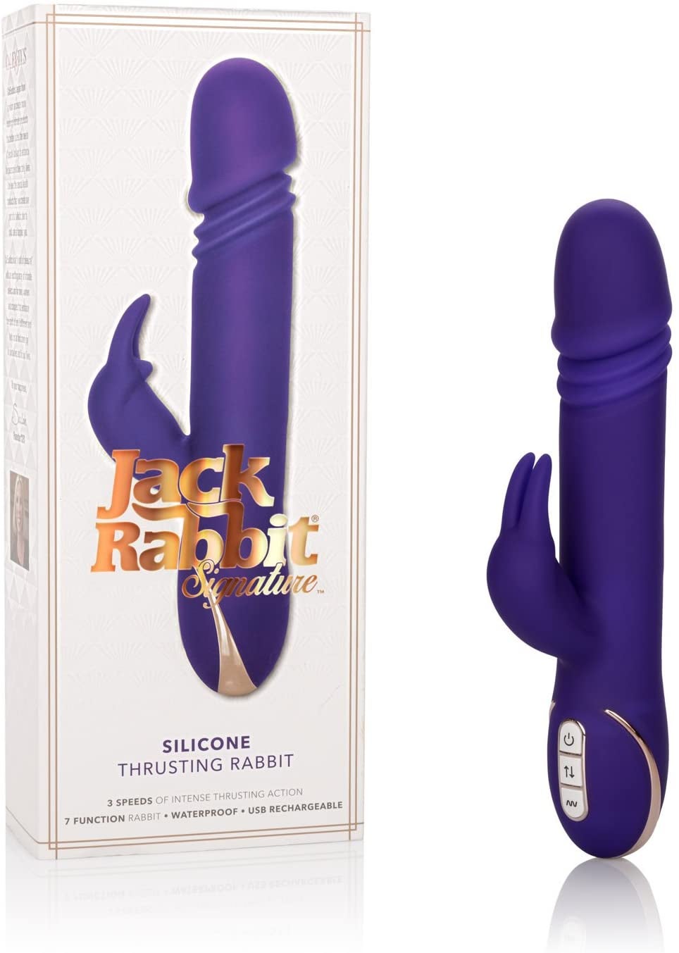 Purple jackrabbit vibrator next to box