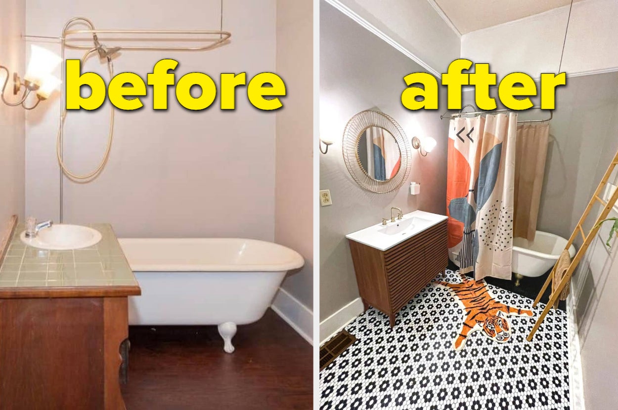 ahead of and after of a reviewer's darkish wood bathroom floors that are then lined with peel-and-stick penny tiles