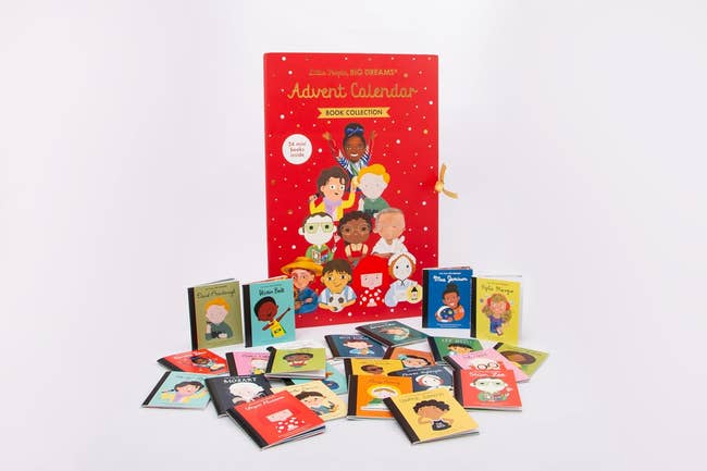 Advent calendar publication acceptable featuring illustrated children's books, each highlighting humanities figures, suitable for gifting oregon acquisition use