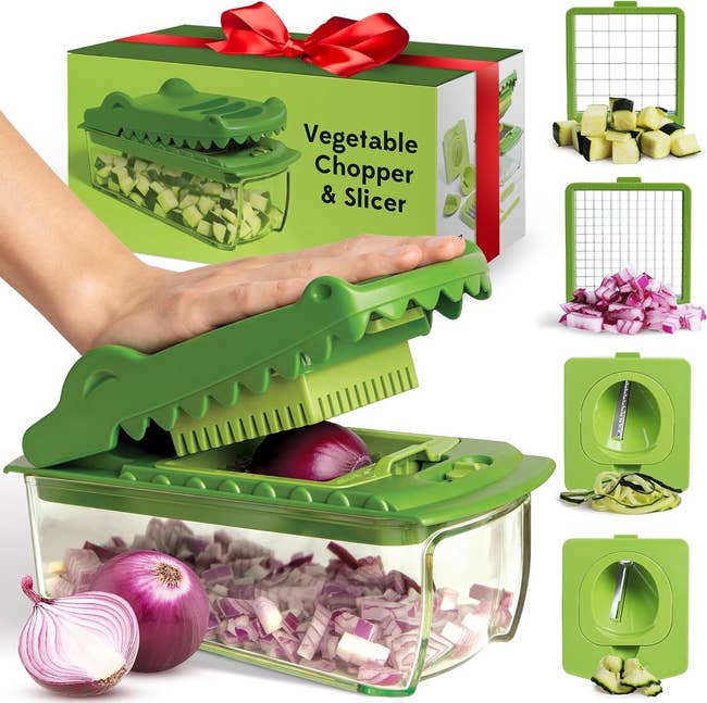 Person using a green vegetable chopper and slicer on an onion over a clear container; includes multiple blade attachments