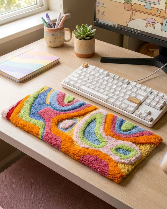 Colorful, textured keyboard mat with abstract patterns connected  a woody  table  beside a achromatic  keyboard and succulent plant