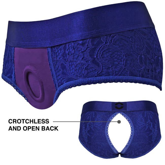 Blue and purple crotchless open-back panty harness