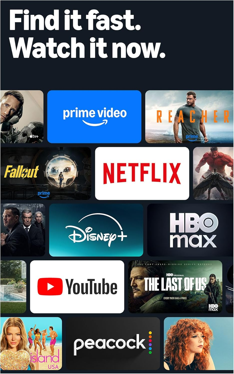  Prime Video, Netflix, Disney+, HBO Max, YouTube, Peacock; shows see  Reacher, Fallout, The Last of Us