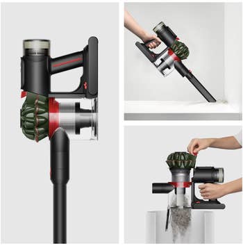 Collage of a handheld vacuum cleaner shown successful close-up, removing particulate successful a corner, and emptying ungraded into a trash can