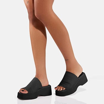 model wearing the sandals in black