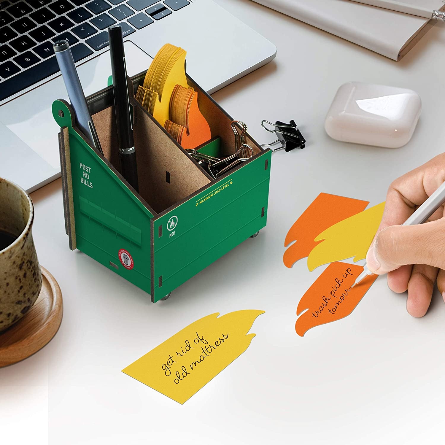 green cardboard dumpster pencil cup with flame-shaped notecards