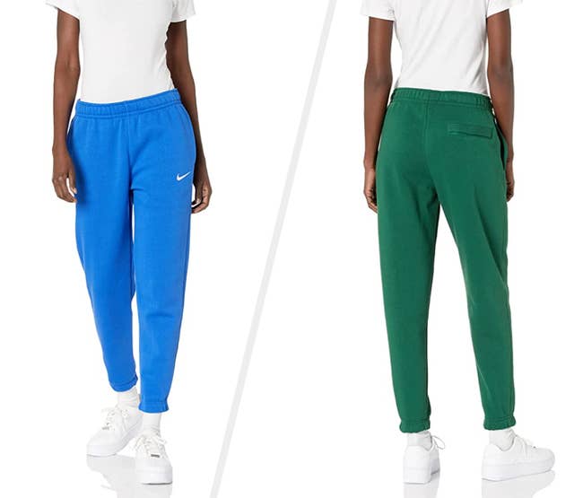 Two images of model wearing blue and green joggers