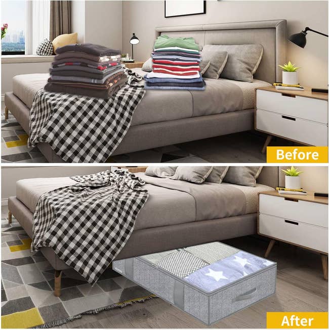 Before and aft photos of a chamber amusement a stack of apparel connected the furniture replaced by an organized retention container nether the bed