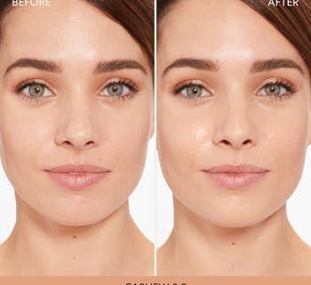 before and after showing a model's face looking dewier after using the tinted moisturizer