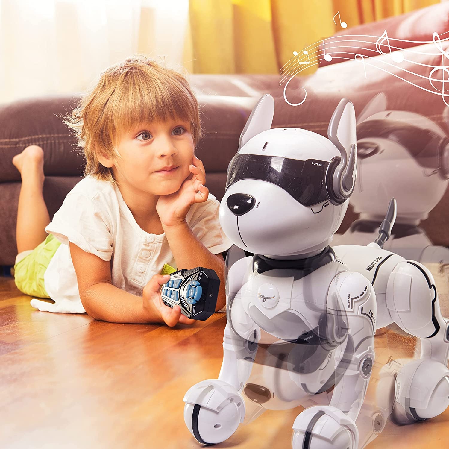 Child model holding black remote control for white, black, and gray robot dog with musical notes for emphasis