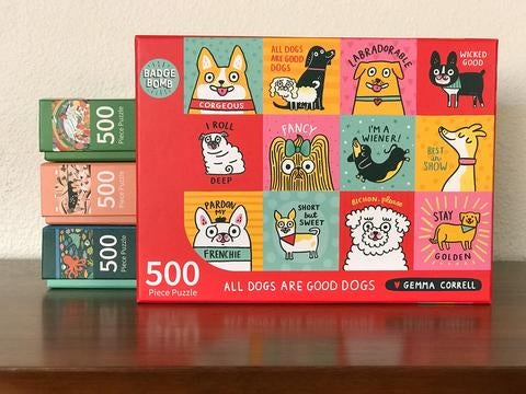 A puzzle with different squares showing breeds of dogs with sayings about them