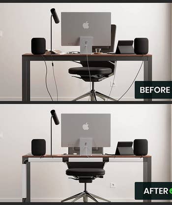 a before and after showing cords hanging down behind a desk, then tucked away neatly using the cable organizers