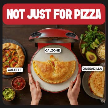 Hands holding a calzone on a pizza maker, with additional galette and quesadilla options nearby; text reads