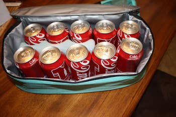 teal cooler bag filled with Coke cans