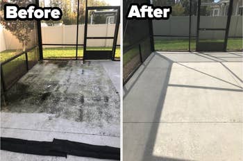reviewer before and after of their dirty lanai and then their clean lanai, from using the pressure washer