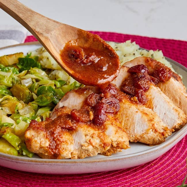 cranberry pork chops with brussels sprouts and mashed potatoes