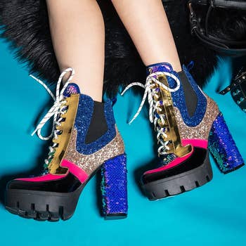 model's feet wearing the multicolored sequined boots