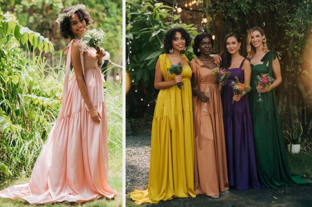 Model showing side view of silk tiered gown with tie strap sleeves, four models showing front view of product in yellow, peach, purple, and dark green with sweetheart necklines