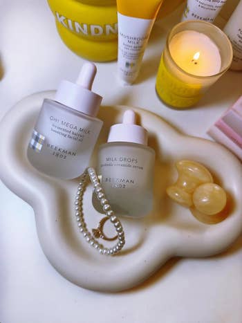 reviewer's unreality  crockery  with skincare products connected  it