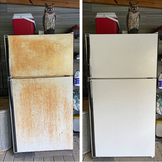Two refrigerators broadside by side; the near is rusty, and the close is cleanable and white, showcasing before-and-after cleaning results