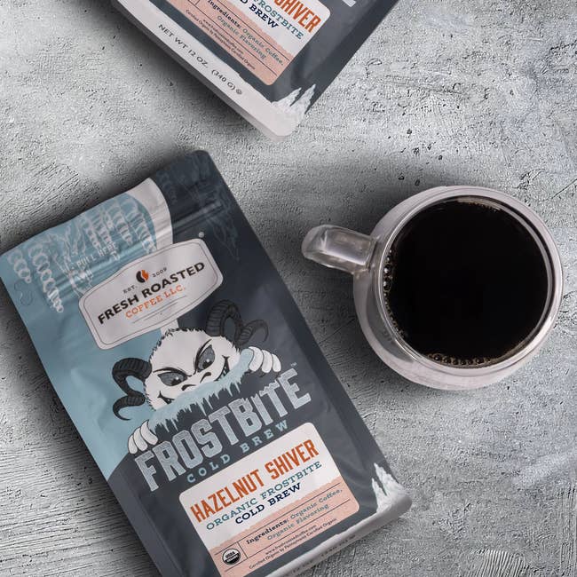 Frostbite Cold Brew coffee package with a cup of black coffee, suitable for organic cold brew coffee shopping articles