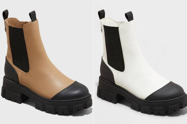split image of a two-toned tan and black boot then a white and black boot