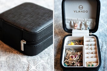 reviewer collage of zipped up and open black jewelry case