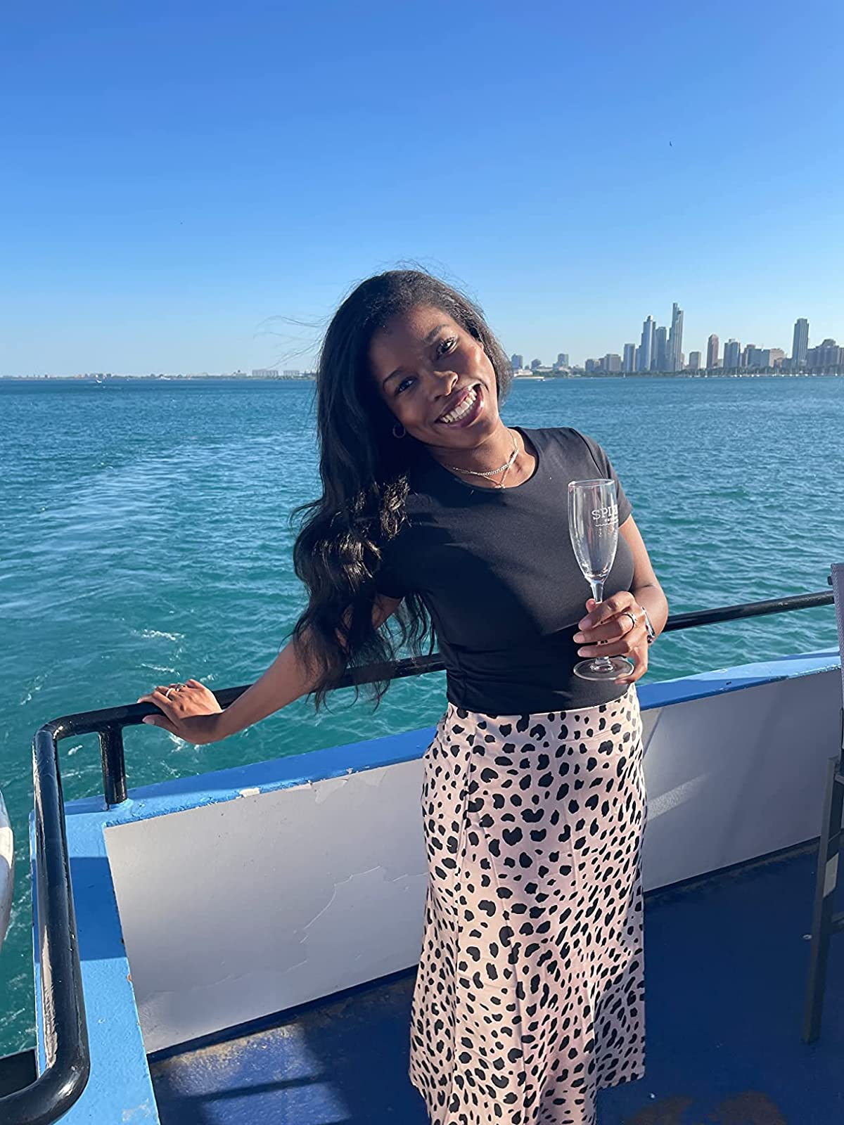 Reviewer wearing the leopard people     skirt
