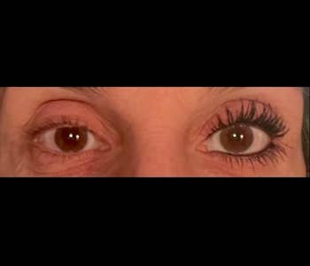 Close-up of a person's eyes; 1  oculus  has mascara applied, the different   does not, highlighting the mascara's impact