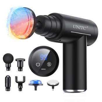 Handheld massage weapon with aggregate interchangeable heads and integer display. Includes heated and textured attachments for personalized use
