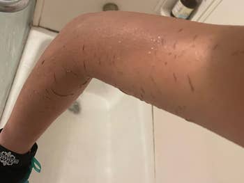 Shaved limb  beside a ablution  stall, showing disposable   stubble and h2o  droplets