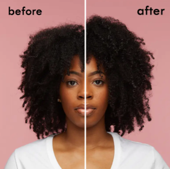 left side is a model with a curly afro that's drooping a little bit and right is the afro lifted a bit with a little more bounce after applying the oil from Bomba Curls