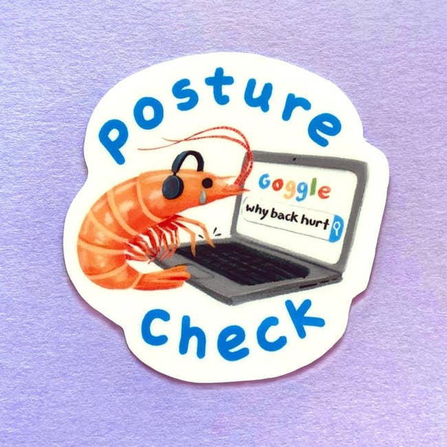 a sticker featuring an illustration of a crying shrimp wearing a headset and googling