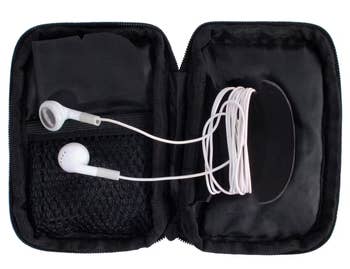 an opened ear bud case showing a pair of earphones wrapped around its storage space