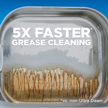 spray removing grease from a pan with text 