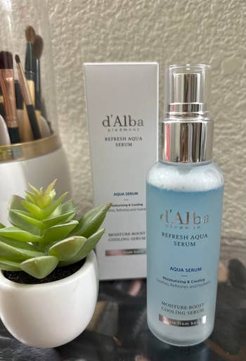 d'Alba Piedmont Refresh Aqua Serum successful a wide vessel with box, displayed connected a array alongside a tiny potted works and constitution brushes